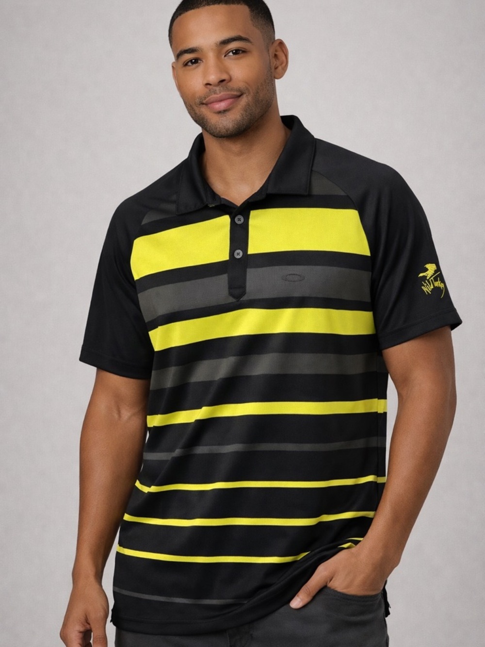 Oakley Polo Shirt Men M Black Yellow Striped Golf